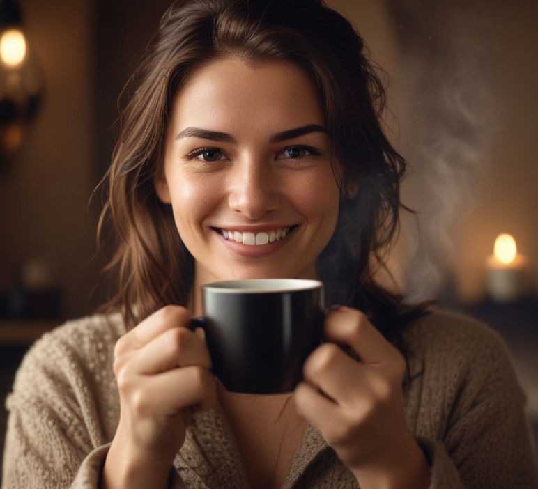 A smiling woman holds a steaming cup of coffee, surrounded by soft lighting.