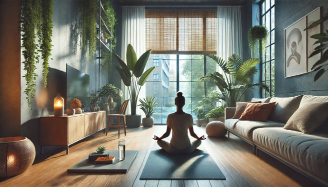 A person practicing mindfulness in a peaceful, well-lit living room.
