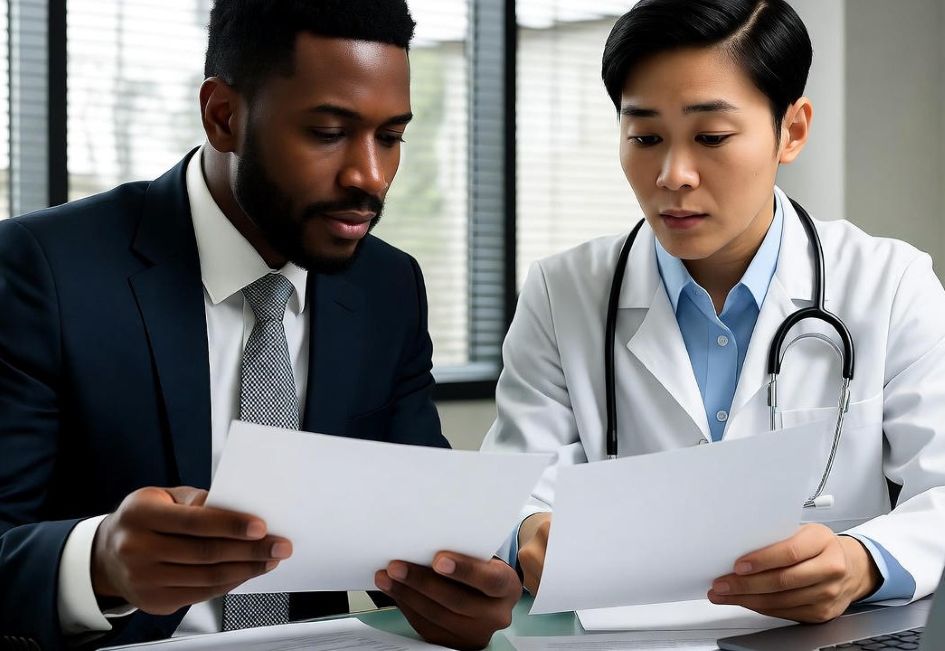 doctor and lawyer reviewing documents