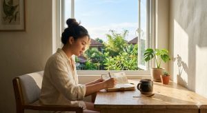 A bright morning scene with a person journaling near a window