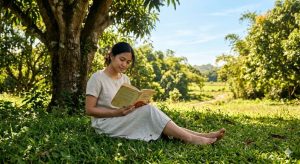 A peaceful outdoor scene with a person sitting on grass without gadgets while reading a book