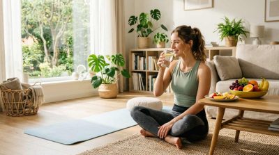 A person enjoying a balanced healthy lifestyle at home, with a glass of water, fresh fruit, comfortable exercise clothing, a yoga mat, and a peaceful living space
